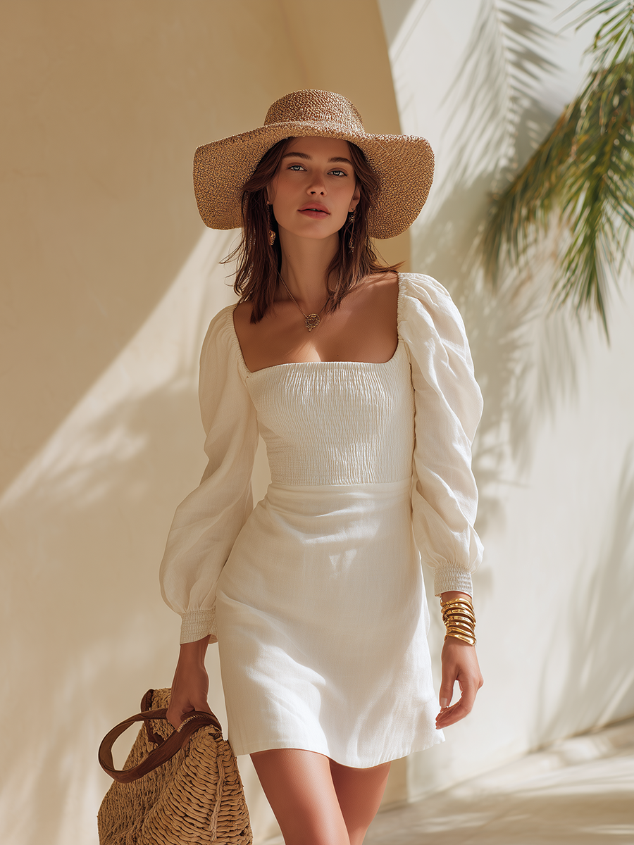 Mini-robe en coton et lin à manches longues, encolure carrée, style champêtre