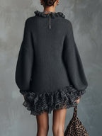Gray Knit Mini Dress With Ruffled V-Neckline And Chiffon Hem