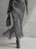 Olive Camo Knit V-Neck Fringe Hem Bodycon Dress