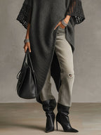 Gray Asymmetric Hem Loose Knit Dress With Crochet Mid Sleeves