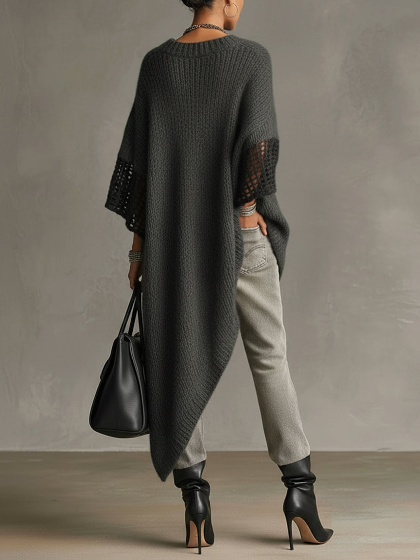 Gray Asymmetric Hem Loose Knit Dress With Crochet Mid Sleeves