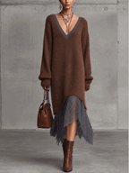 Chocolate Brown Fuzzy Mohair Knit Midi Dress With Contrast Lace Hem