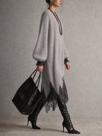 Gray Shimmer Knit Lace Hem Midi Dress