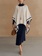 Navy And Cream Turtleneck Knit Poncho Overlay Midi Dress
