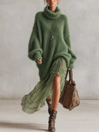 Green Oversized Mohair Knit Turtleneck Midi Dress With Chiffon Ruffle Hem