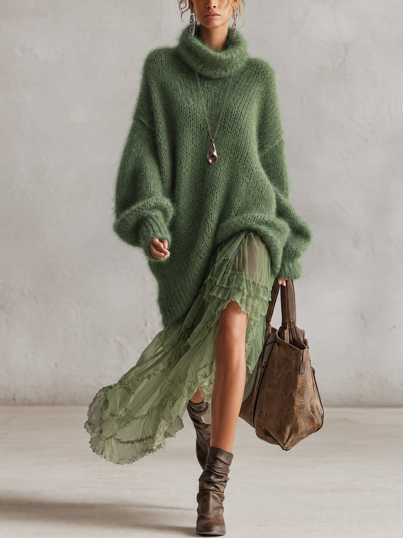 Green Oversized Mohair Knit Turtleneck Midi Dress With Chiffon Ruffle Hem