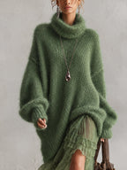 Green Oversized Mohair Knit Turtleneck Midi Dress With Chiffon Ruffle Hem