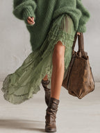 Green Oversized Mohair Knit Turtleneck Midi Dress With Chiffon Ruffle Hem
