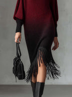 Burgundy Knit Midi Dress With Tassel Fringe Hem And Black Ombre