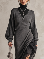 Grey Ribbed Knit Midi Dress With Tulle Asymmetric Hem And Fake Two-Piece Zipper Neck