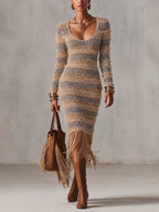 Sand Colorblock Textured Knit Fringe Hem Bodycon Midi Dress