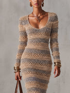 Sand Colorblock Textured Knit Fringe Hem Bodycon Midi Dress
