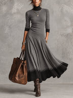Gray And Black Colorblock Zigzag Trim Turtleneck Knit Maxi Dress