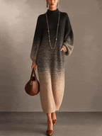 Black To Beige Gradient Turtleneck Knit Maxi Dress