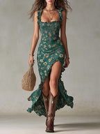 Robe longue fendue à volants manches style bohème rétro