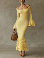 Yellow Off Shoulder Fringe Lightweight Knit Bodycon Dress