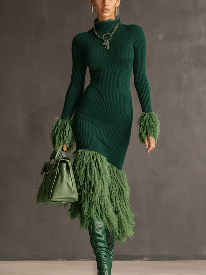 Emerald Knit Patchwork Eco Faux Fur Long Sleeve Bodycon Dress