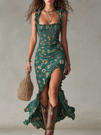 Robe longue fendue à volants manches style bohème rétro