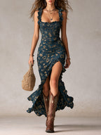 Robe longue fendue à volants manches style bohème rétro