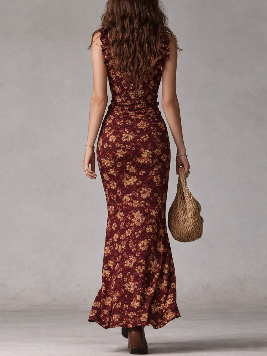 Robe longue fendue à volants manches style bohème rétro