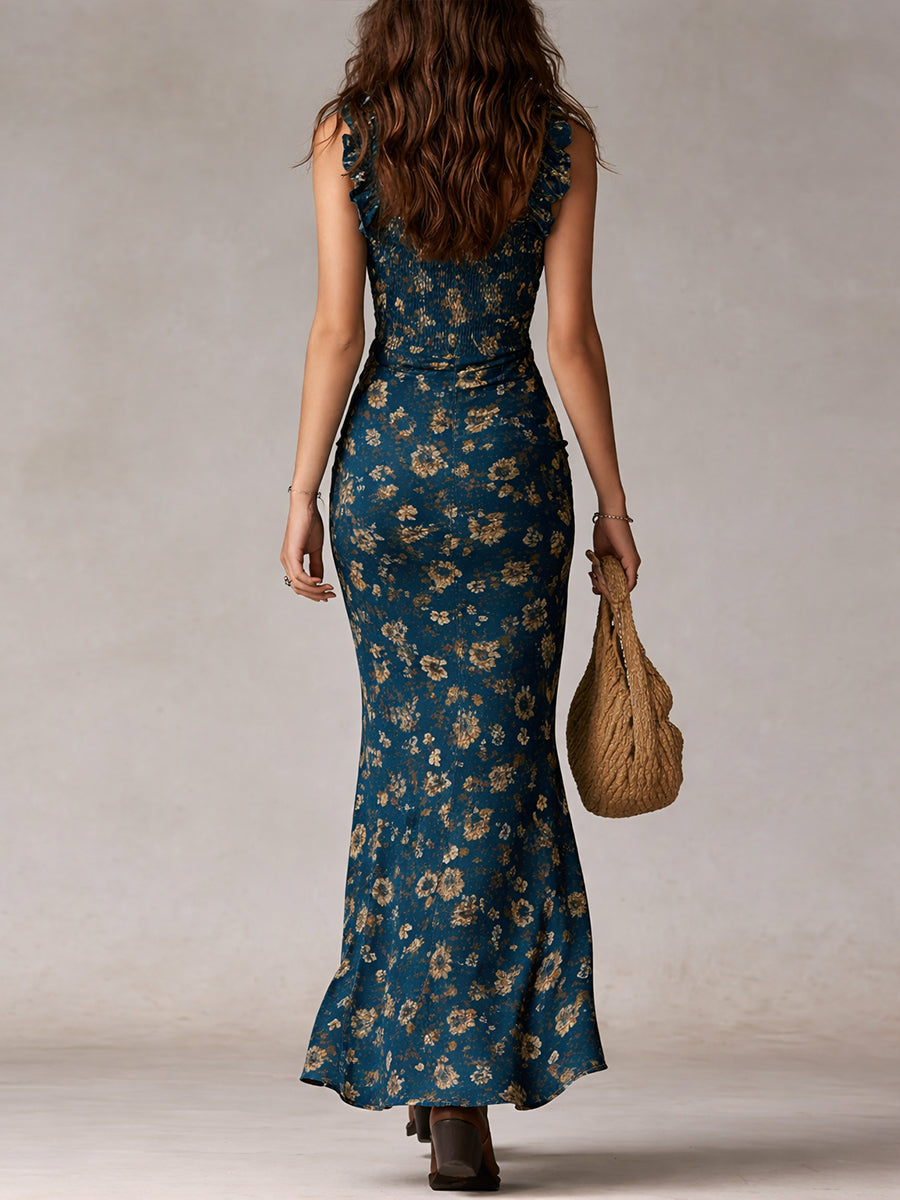 Robe longue fendue à volants manches style bohème rétro