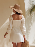 Mini-robe en coton et lin à manches longues, encolure carrée, style champêtre