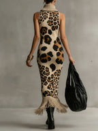 Brown Irregular Leopard Print Knitted Tassel Sleeveless Maxi Dress