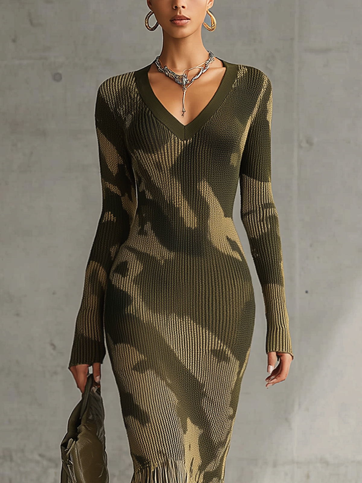 Olive Camo Knit V-Neck Fringe Hem Bodycon Dress