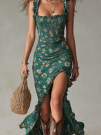 Robe longue fendue à volants manches style bohème rétro