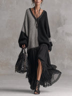 Black And Gray Chiffon Patchwork Oversized Knit Maxi Dress