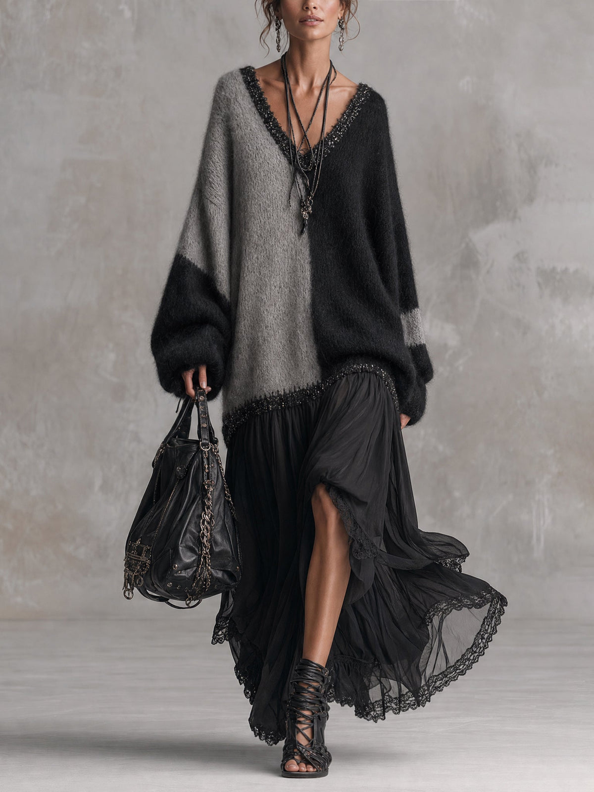 Black And Gray Chiffon Patchwork Oversized Knit Maxi Dress