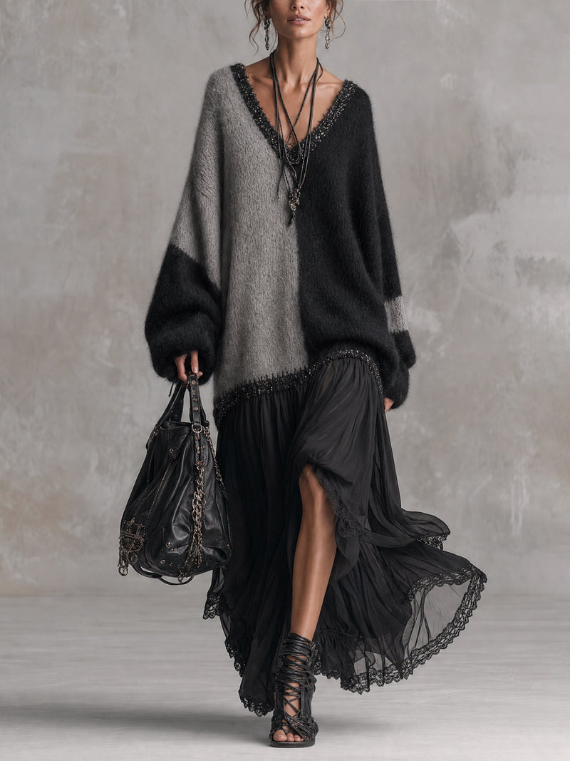 Black And Gray Chiffon Patchwork Oversized Knit Maxi Dress