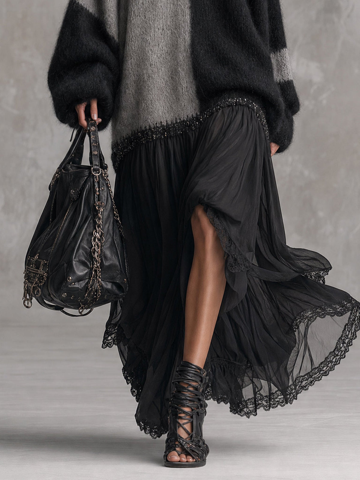 Black And Gray Chiffon Patchwork Oversized Knit Maxi Dress