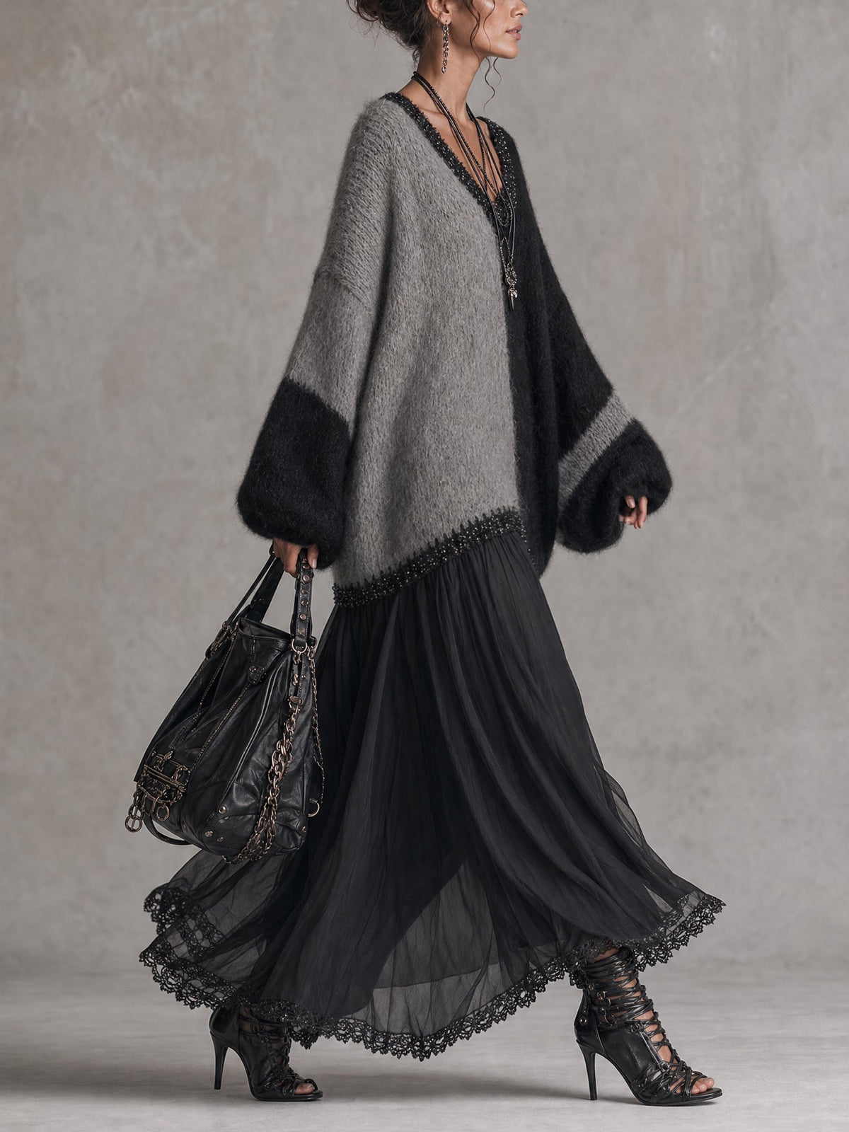 Black And Gray Chiffon Patchwork Oversized Knit Maxi Dress