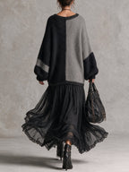 Black And Gray Chiffon Patchwork Oversized Knit Maxi Dress