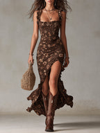 Robe longue fendue à volants manches style bohème rétro