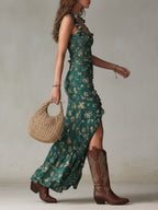Robe longue fendue à volants manches style bohème rétro