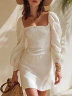 Mini-robe en coton et lin à manches longues, encolure carrée, style champêtre