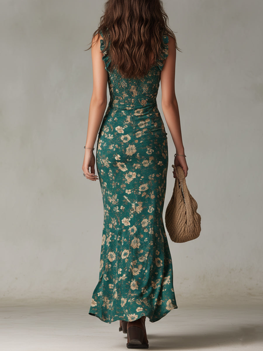 Robe longue fendue à volants manches style bohème rétro