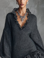 Gray Knit Mini Dress With Ruffled V-Neckline And Chiffon Hem