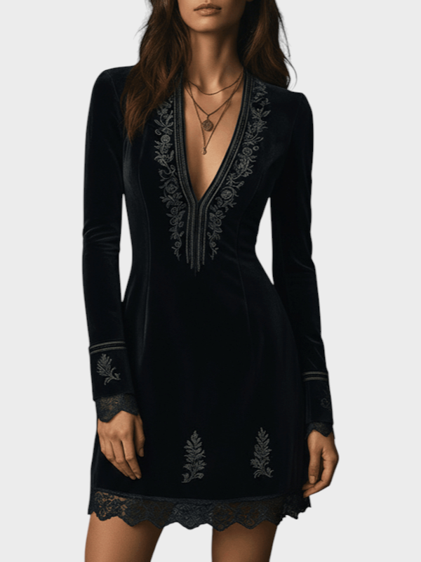 Naia | Mini-robe rétro noire en velours avec dentelle brodée