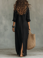 Soline | Loose Black Maxi Dress with Buttons