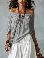 Grace | Gray Off-shoulder Top and White Wide-leg Lantern Pants