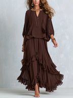 Bea | Brown Chiffon Top with Fringes and V-Neck Paired with a Layered Ruffled Skirt Set