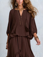 Bea | Brown Chiffon Top with Fringes and V-Neck Paired with a Layered Ruffled Skirt Set