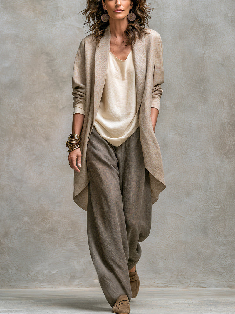 Clarissa | Complete Elegant Three-Piece Beige Gray Casual Outfit with Wide-Leg Pants