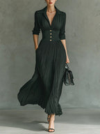 Elvira | Long pleated dress with lapel and high waist