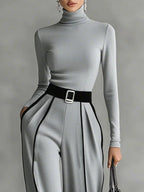 Lyn | Long Sleeve High Neck Top and Wide Leg Trousers Set with Belt