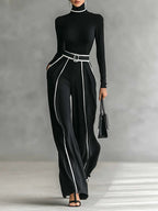 Lyn | Long Sleeve High Neck Top and Wide Leg Trousers Set with Belt