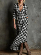 Taylor | Long Checkered Shirt Dress with Fold